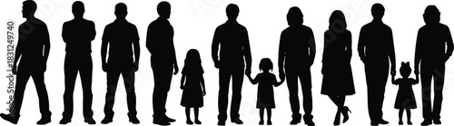 Family group silhouette vector, adults and children holding hands, social unity illustration, demographic concept, black white symbolic artwork