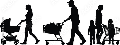 Family life silhouette vector set, parenthood and responsibility stages, daily routine illustration, black white symbolic social artwork