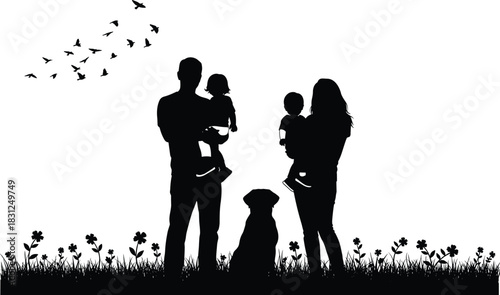Family nature silhouette vector, parents with children and dog, peaceful outdoor scene, birds flying artwork, black white emotional design
