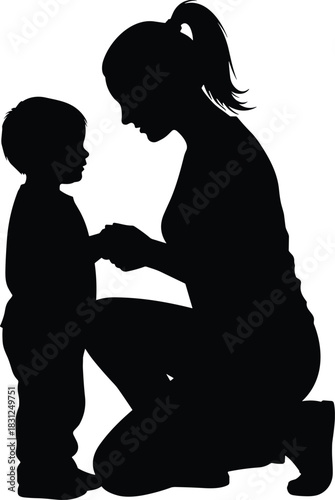 Adult and child silhouette vector, kneeling interaction pose, care and guidance concept, black white emotional connection artwork