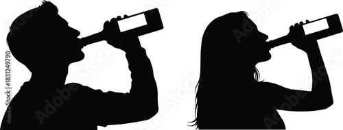 People drinking silhouette vector, shared beverage moment illustration, black white interaction artwork, casual lifestyle pose design