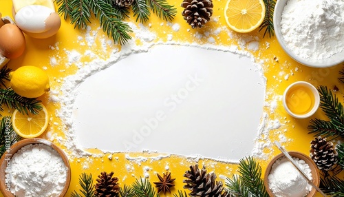 Festive Baking Ingredients Arranged on a Yellow Surface with a Space for Text