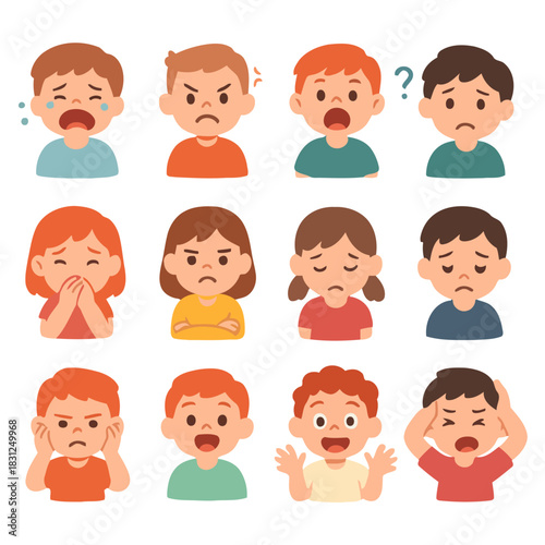 Expressive Emotions: A vibrant array of children's faces display a spectrum of emotions, capturing moments of joy, sorrow, anger, confusion, and more