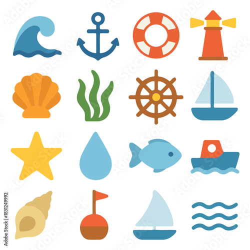 Coastal Charm Icons: A vibrant collection of nautical-themed icons showcases the essence of seaside adventures. Each symbol, from majestic waves to guiding lighthouses, tells a story of the open sea.