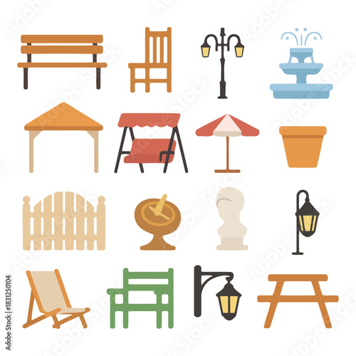 Garden Elements: A collection of meticulously rendered garden elements, including benches, chairs, lamps, a fountain, and other essential elements, presented on a clean background. 
