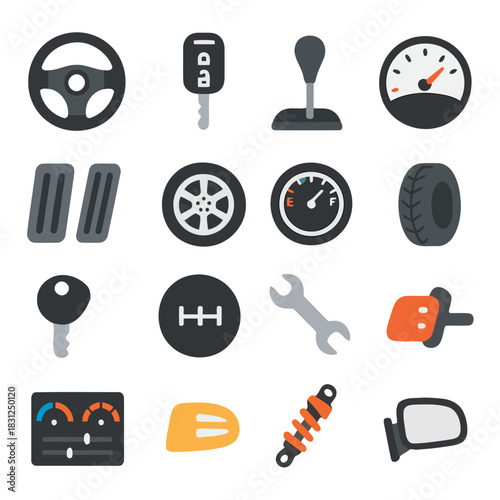 Car Parts Assembly: A stylized collection of automotive components, illustrating the essential elements of vehicle mechanics and design.