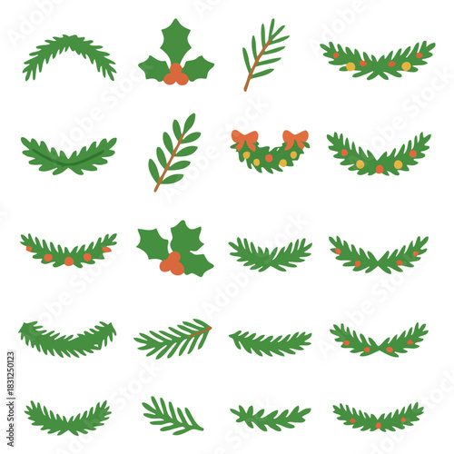 Festive Foliage Collection: A collection of decorative holiday elements composed of sprigs, and foliage. perfectly suited for adding festive cheer to any design project.
