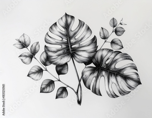 Monstera Leaves Black and White Line Art Illustration