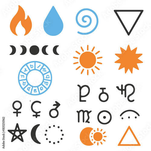 Celestial Symphony: An illustration featuring a collection of celestial symbols like sun, moon, astrology and all four elements for astrology with a sense of cosmic alignment and profound symbolism. 
