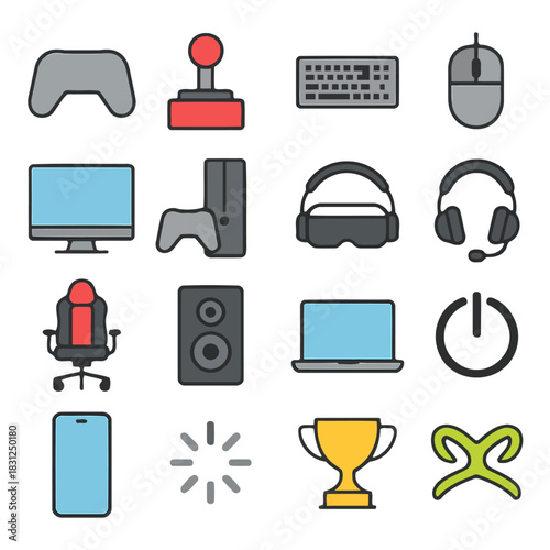 Gaming Gear Icons: A collection of vibrant icons, perfect for representing the world of gaming, featuring essential accessories and elements. 
