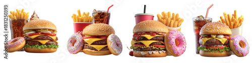 Delicious indulgence awaits with juicy burgers, crispy fries, sweet donuts, and refreshing soda for the ultimate fast food feast, satisfying cravings and bringing joy