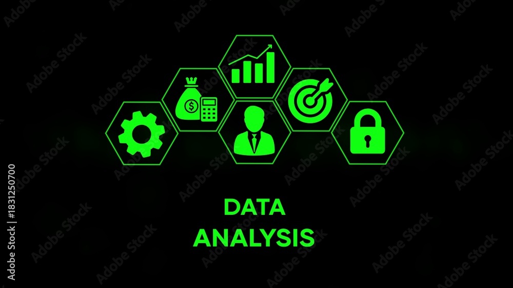 Obraz premium Green icons representing business concepts like finance, analytics, goals, security, and operations arranged in hexagons on a black background with text below