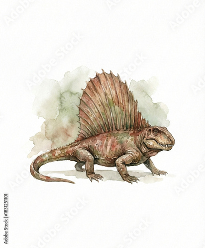 Dimetrodon Synapsid Watercolor Illustration, Prehistoric Reptile with Large Back Sail, for Interior Decoration and Paleontology Illustration