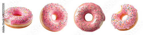 Indulge in Delicious Delights: Tempting array of pink frosted donuts with colorful sprinkles, perfect for sweet cravings and delightful treats for any occasion