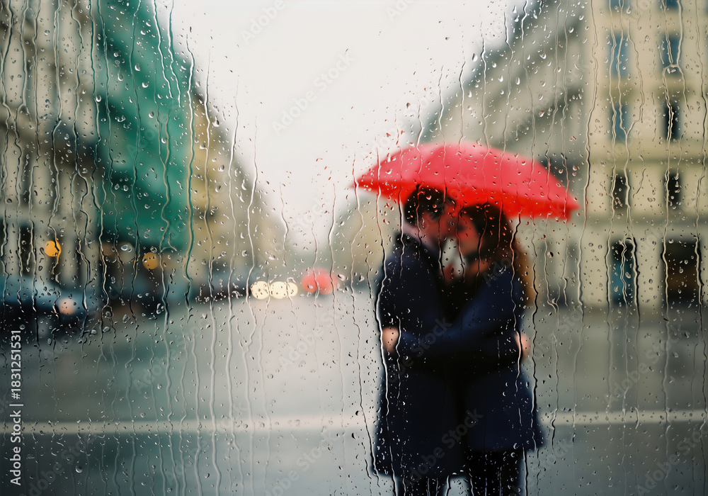 Fototapeta premium View through a wet window of a romantic couple kissing under a red umbrella on a blurred city street during a rainy day.