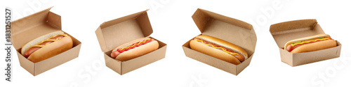 Mouthwatering hot dogs with mustard and ketchup in eco-friendly cardboard containers, perfect for fast food menus, food trucks, and summer picnic promotions