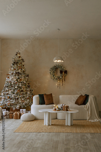 Cozy Christmas living room with decorated tree