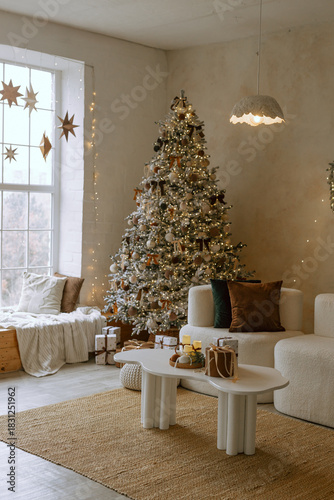 Cozy Christmas living room with decorated tree