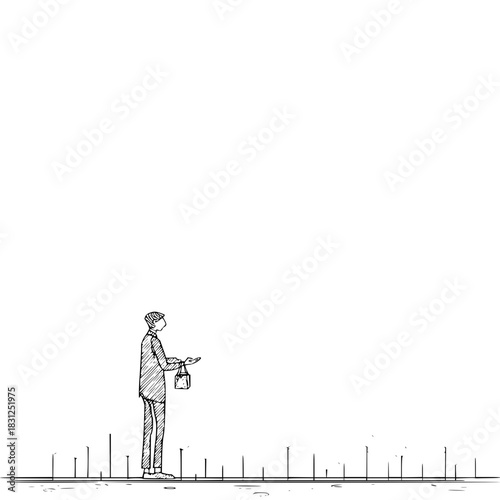 Catching dreams: a whimsical sketch of a man reaching for floating bubbles of inspiration and ideas today