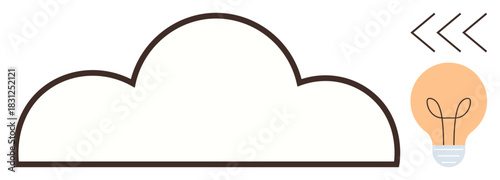 Large cloud outline paired with orange light bulb and small arrows. Ideal for technology, innovation, brainstorming, creativity, cloud storage, networking, sustainable solutions. Simple flat metaphor