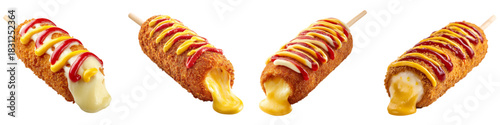 Delicious Korean Corn Dogs with Melting Cheese and Sauces, Perfect Street Food Treat, A Tasty Snack, Indulge in this Popular Asian Cuisine, Food Photography