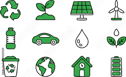 Illustrated green energy icons demonstrate renewable resources and environmentally friendly practices, presented on transparent background