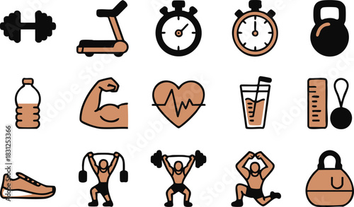 Various fitness themed icons show active exercise including sports gear and athletic training