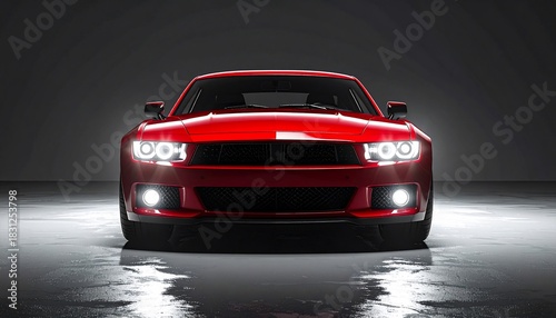 Front view of a sleek red sports car with glowing headlights against a dark background