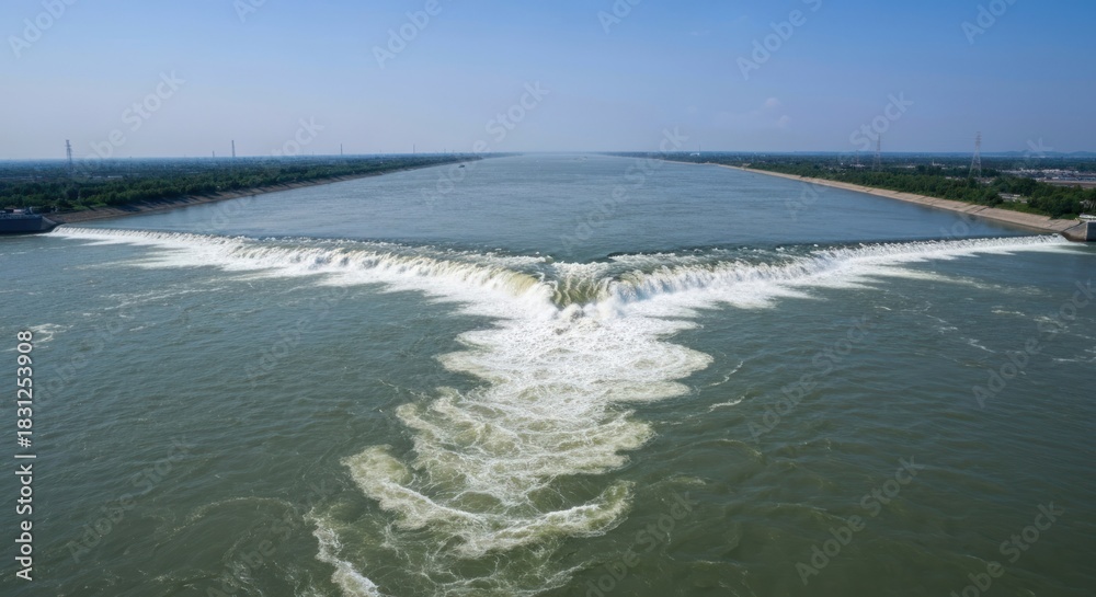Fototapeta premium Aerial view of a large dam spilling water into a river. A wide river channel is split by a dam, creating a V-shaped outflow of water.