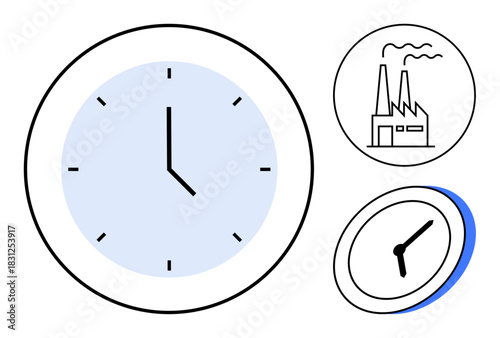 Blue-faced analog clock and factory with chimneys emitting smoke, representing productivity, efficiency, and industrial chronology. Ideal for time tracking, organization, manufacturing, scheduling