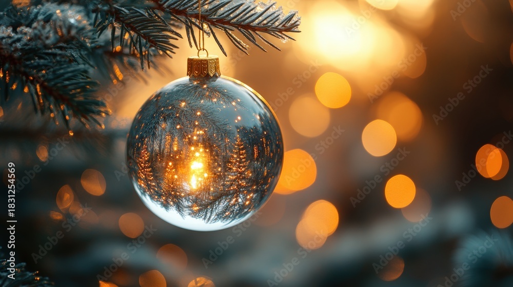 Obraz premium A stunning close-up shot of a radiant Christmas ball, exhibiting a beautiful golden glow. It's delicately suspended from a tree branch, framed by a soft, warm bokeh background.