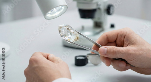 Gemologist inspecting a large rough diamond with tweezers under a microscope light, focusing on quality, luxury, and appraisal.
