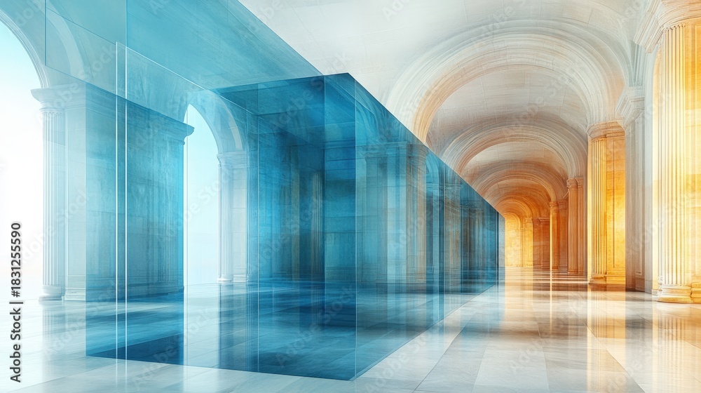 Fototapeta premium A grand, blue-tinted corridor features elegant arches, culminating in a vibrant orange-glowing archway within a classical building. Evokes a sense of mystery and architectural beauty.