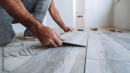 Pose de carreaux par un homme dans une maison en cours de rénovation.