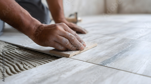 Pose de carrelage sur un sol avec une main qui utilise un outil pour lisser le joint.