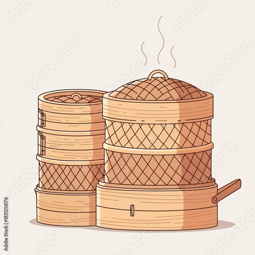 Steaming Delights: An Illustration of Bamboo Dim Sum Steamers with Rising Steam