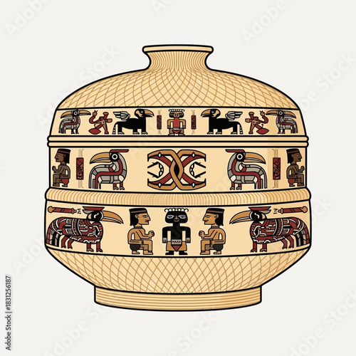 Ancient vessel art featuring figures and creatures from ancient cultures