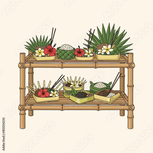 Hand-Drawn Illustration of Balinese Offerings on a Bamboo Shelf Structure
