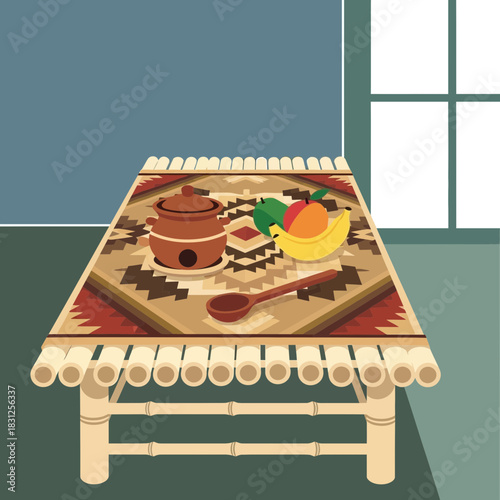 Illustrative still life with rustic tableware and fruit arrangement