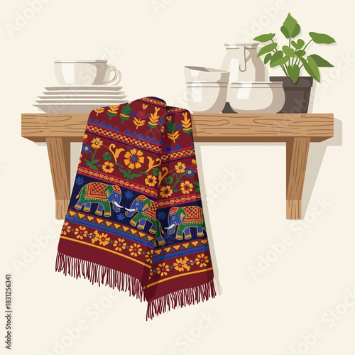 Indian-Inspired Home Decor Featuring Elephant Print Shawl and Wooden Shelf
