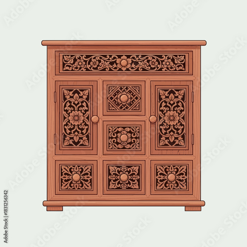 Intricate Wooden Cabinet with Floral Carvings, Antique Look Interior Design