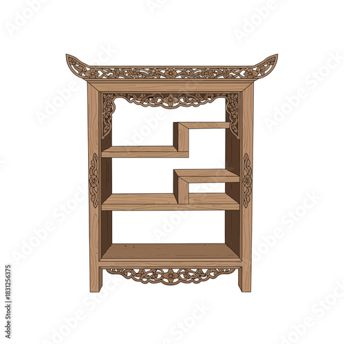 Ornamented wooden shelf unit with intricate floral carving elements