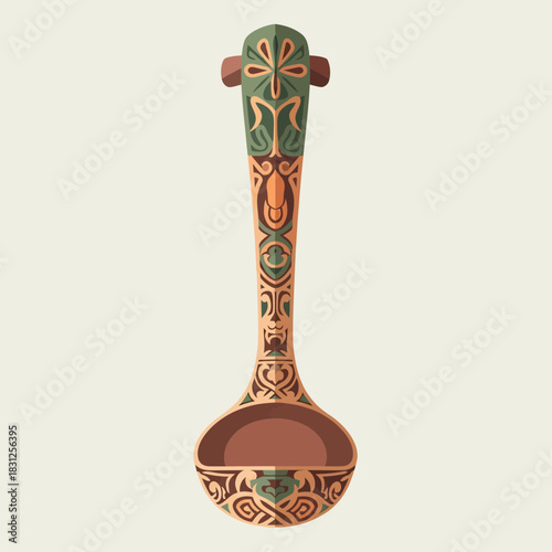 Ornate Wooden Ladle Illustration with Intricate Carvings and Detailed Patterns