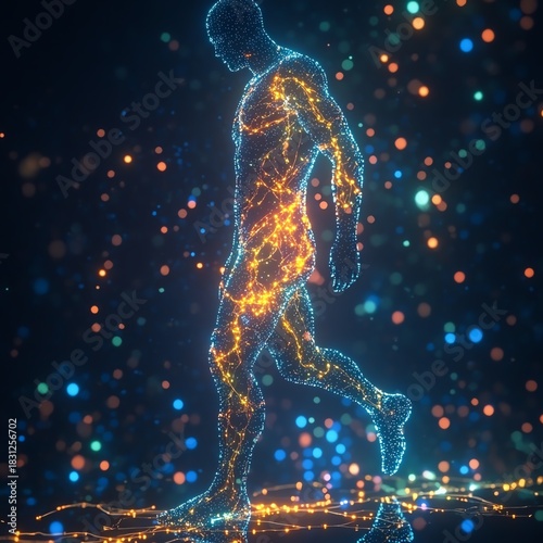 Human silhouette showcasing metabolic pathways, vibrant ketones in flow, wellness theme, 3D animation.   high resolution   for isolate image