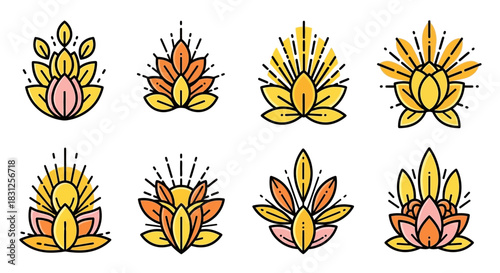 Cute Cartoon Sunflower Characters with Smiling Faces in Bright Yellow Tones for Kids Illustration and Cheerful Designs