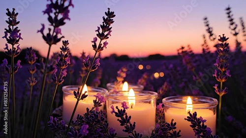 Gentle candle light glows amidst lavender field at twilight soft focus serene atmosphere