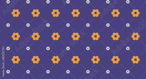 Floral pattern with yellow flowers and white accents on a dark purple background