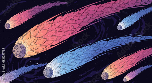 Vibrant multicolored comet illustration featuring glowing tails and cosmic motion on a dark starry background