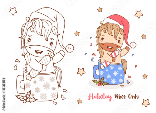 Happy Christmas Horse in Santa hat with Candy in Winter Cup. Outline and Color drawing. Coloring Book. New Year cartoon kawaii animal. Symbol of 2026 to Eastern calendar. Vector illustration. Not AI