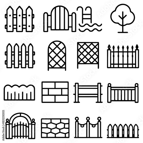 Fence Elements Illustration: A collection of various fence designs, each a testament to the art of creating boundaries and adding aesthetic elements to gardens and properties.
